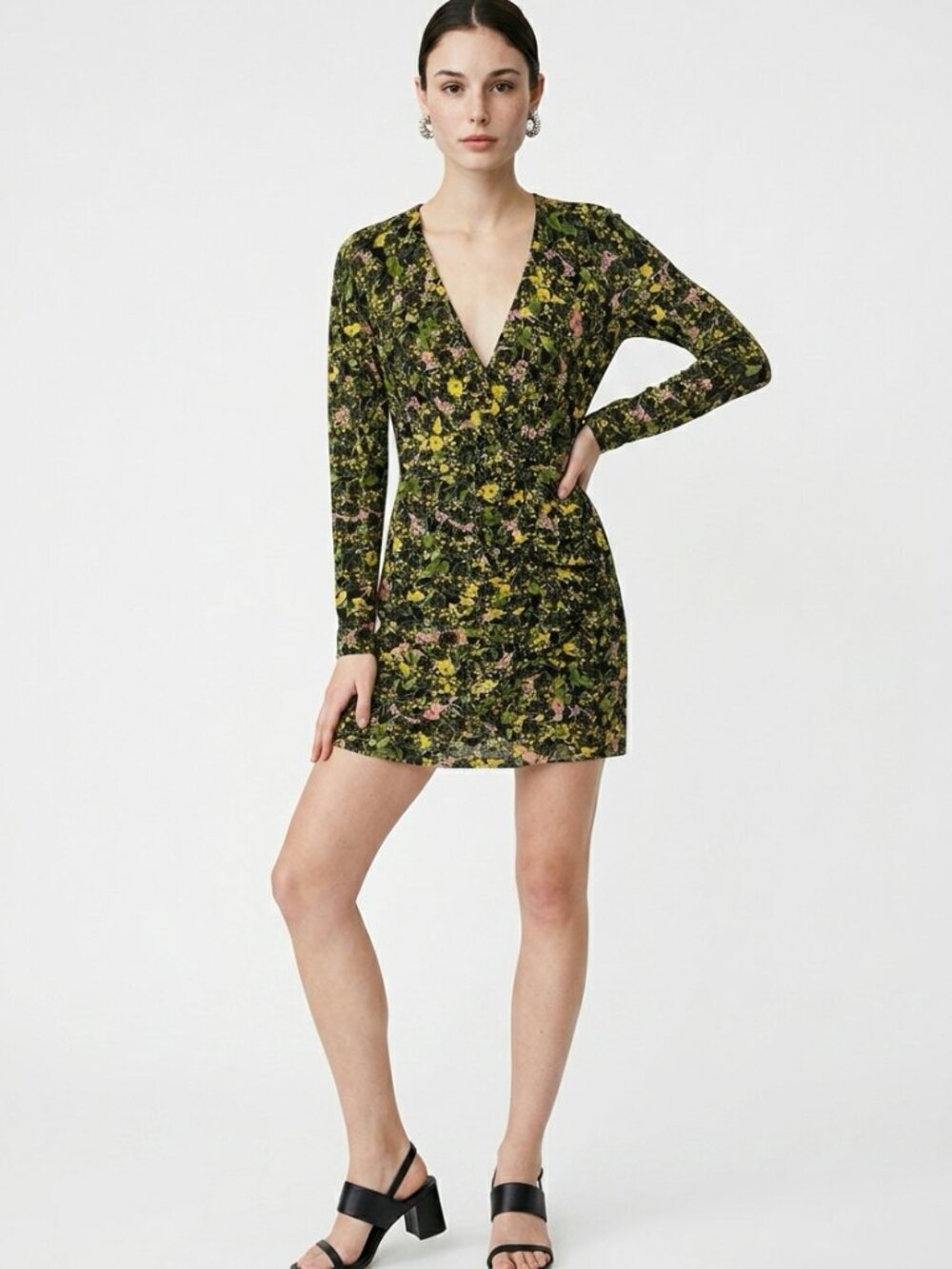 Pinko Floral Long Sleeve Ruched Mini Dress Black Multicolor Approx US 6